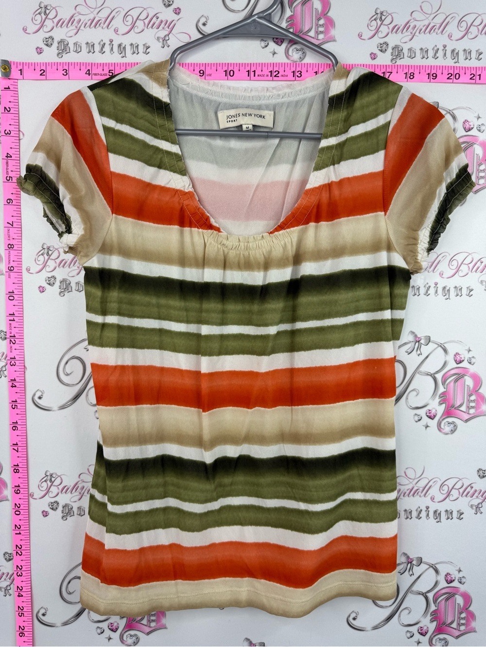 Jones New York T-shirt Olive Green, Orange & Cream Striped Short Sleeve Top